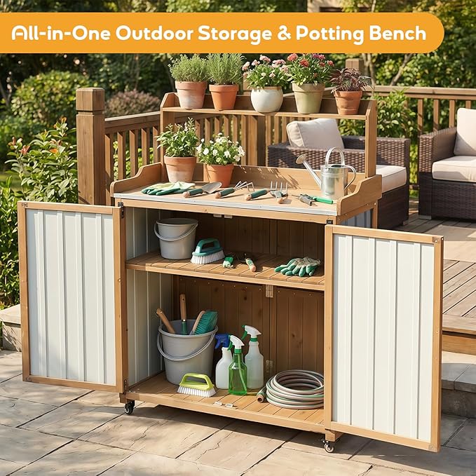Outdoor Potting Bench with Storage, Outdoor Garden Work Table & Storage Cabinet with Adjustable Shelves, Lockable Wheels, Waterproof Metal Top Workstation for Potting, Gardening, Backyard, Patio