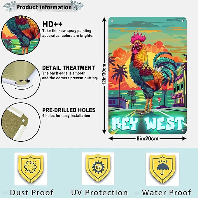 Chicken Key West Florida Retro Tin Signs Vintage Wall Decoration Metal Poster Home Kitchen Bedroom Bar Sign Decoration Posters Tin Sign Halloween Thanksgiving Gift 12 * 8in