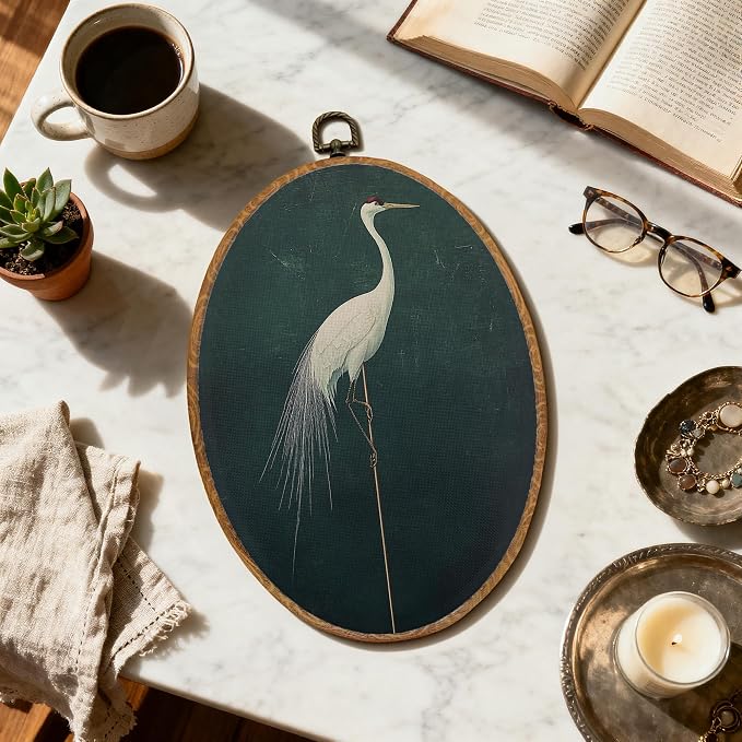 DOFQZ Japanese Crane Oval Wall Art Decor, Elegant Japandi Bird Framed Wall Art, Green Asian Oriental Crane Bird Walls Hanging Decor for Home Bedroom Living Room, 8.5x11.5 Inch