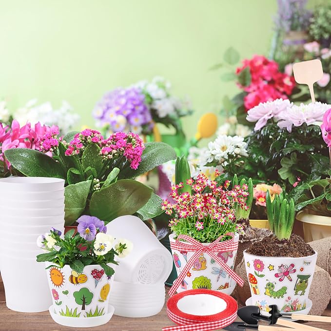 30 Pack Garden Plastic Pot Craft Kit DIY Flower Plant Crafts Nursery Pots with Stickers Flower Planting Growing Kit for Spring Summer Home Classroom School Creative DIY Art Project Activities