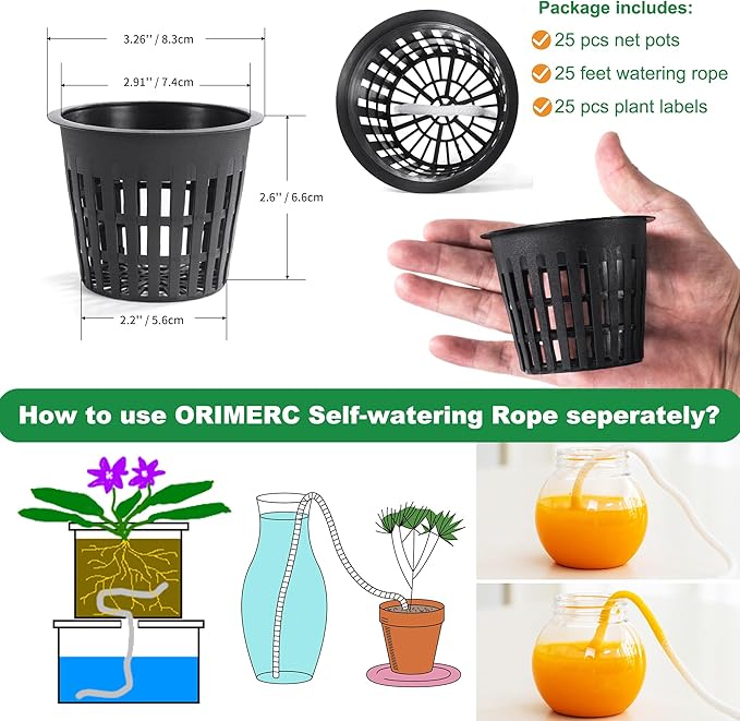 ORIMERC 25 Pack Net Pots 3 inch Hydroponic Pots Come with 25 ft Self Watering Wick & 25 Pcs Plant Label Aquaponics Mason Jar Insert Orchid Netted Basket Slotted Mesh Garden kratky Growing Vegetable