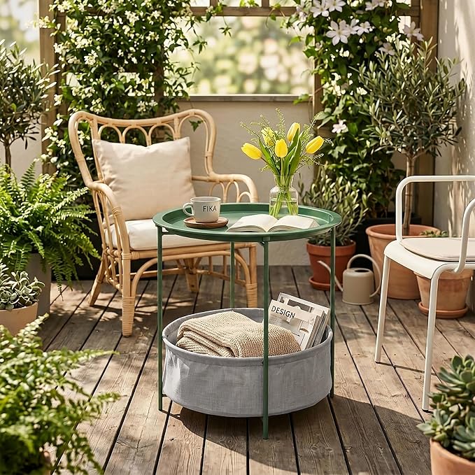 VECELO Round Side/End Table with Fabric Storage Basket，Metal Anti-Rust and Waterproof Small Bedside Nightstand with Removable Tray Top for Living Room，Balcony & Laundry，Dark Green /1pcs with Basket