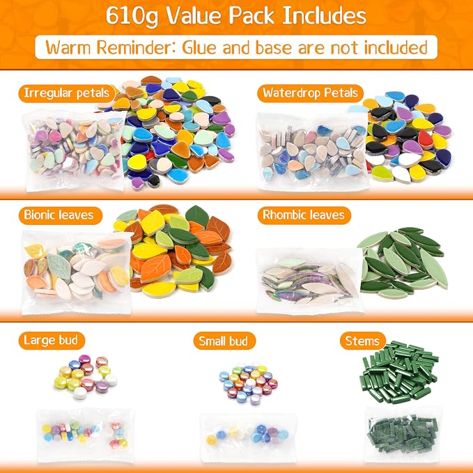 LOTOFUN Mosaic Tiles for Stepping Stones: 610g Vibrant Mosaic Tiles for Crafts Bulk with Petals Centers Leaves Stem Decorative Ceramic Flowers Mosaic Supplies for DIY Garden Decor- Crafts for Adults