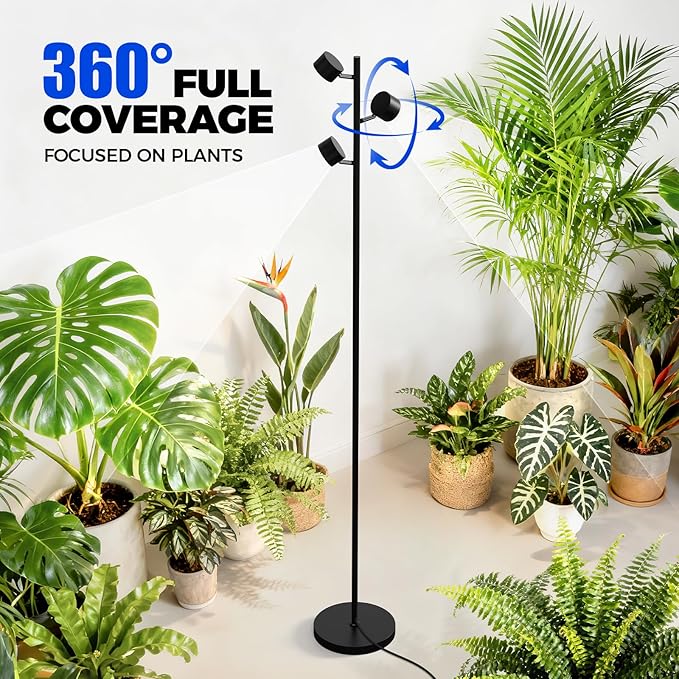 Barrina T1X3 Floor Grow Lights for Indoor Plants, 30W, 5000K, Full Spectrum, Adjustable 3 Heads, High PPFD, 6FT with Foot Switch, Vertical Plants Light for Growing, Standing Grow Lights for Tall Plant