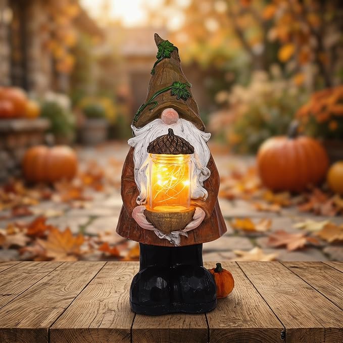 Topadorn Lighted Fall Gnome with Acorn Jar LED Figurine – Resin Harvest Gnome Statue, Thanksgiving Autumn Table Decor for Home, Patio & Tiered Tray