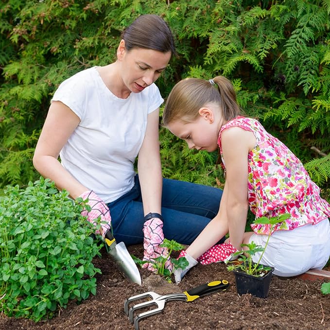 Garden Tool Set, 3 Piece Gardening Tools Includes Garden Trowel, Transplant Trowel and Hand Rake with Non-Slip Ergonomic Handle, Heavy Duty Garden Kit for Planting, Garden Gifts, Yellow