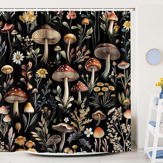Vintage Mushroom Shower Curtain, Witchy Aesthetic Black Boho Floral Retro Botanical Shower Curtain Set, Fairy Dark Wildflower Plant Decorative Farmhouse Bathroom Accessories Curtain with Hook 72X84IN