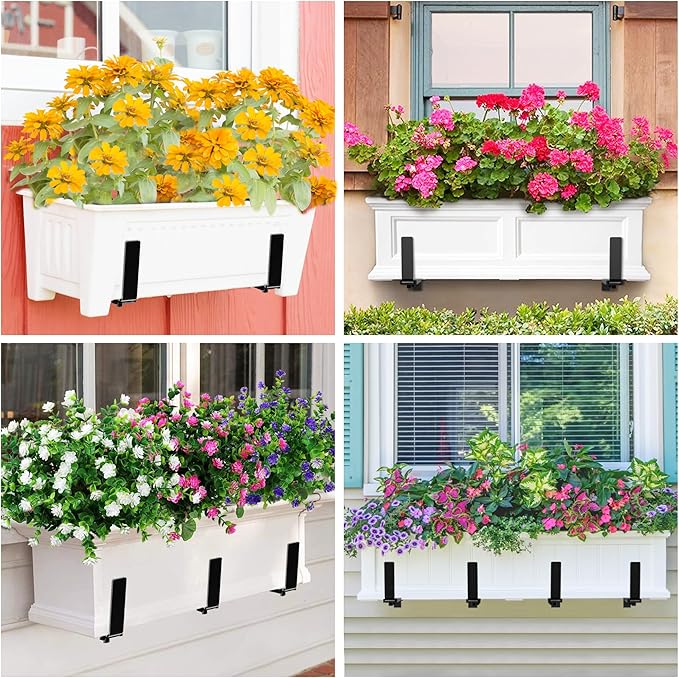 Y&M Window Box Brackets, Heavy Duty Iron Adjustable Planter Flower Box Brackets for Railings, Perfect for Balconies, Fences, and Gardens（4 Packs）