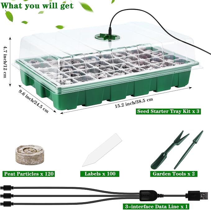 Hahood 3 Pack Seed Starter Tray Kit with Grow Light Germination Trays with Humidity Dome, 120 Peat Pellets, Gardening Tools, Plant Labels, Plant Growing Trays for Seeds Growing Starting, Green