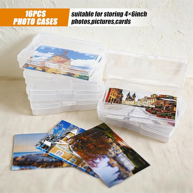 4×6 inch Plastic Photo Storage Box,Photo Cases,Picture Storage Containers With Handle,16pcs photo organizers and storage For Photos,Picture,Greeting Card,Stickers,Seed,Craft Supplies (Clear)