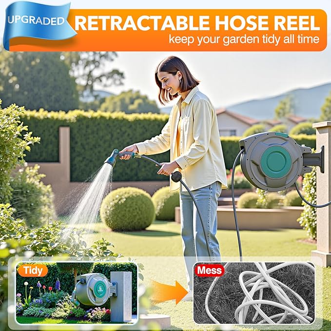 5/8" x 100 ft Retractable Garden Hose Reel, Heavy Duty Water Hose Reel Wall Mounted, Any Length Lock, 180°Swivel, Retractable Hose with 10-Function Nozzle for Cleaning, Watering (Green)