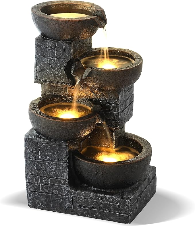 Grepatio Outdoor 4-Tiers Water Fountain, Garden Cascading Waterfalls Fountain with 4 LED Lights, 21.9" H Modern Indoor/Outdoor Bowl Waterfall Feature Water Fountains for Garden, Yard Decor (Brown)