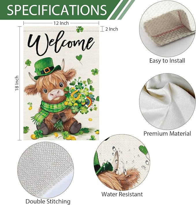 Heyfibro Welcome St. Patrick's Day Garden Flag 12x18 Double Sided Burlap, Highland Cow with Shamrock Bouquet & Green Plaid Scarf Yard Flag for Spring Seasonal Irish Farmhouse Outdoor Decor(ONLY FLAG)