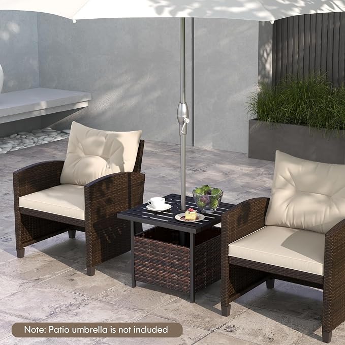 Tangkula Outdoor Table with Umbrella Hole, Rattan Umbrella Stand Table, Wicker Outside Side Table with Steel Metal Frame, Patio Bistro Table for Deck Garden Pool Yard, 22 x 22 x 18.5 Inch (Mix Brown)