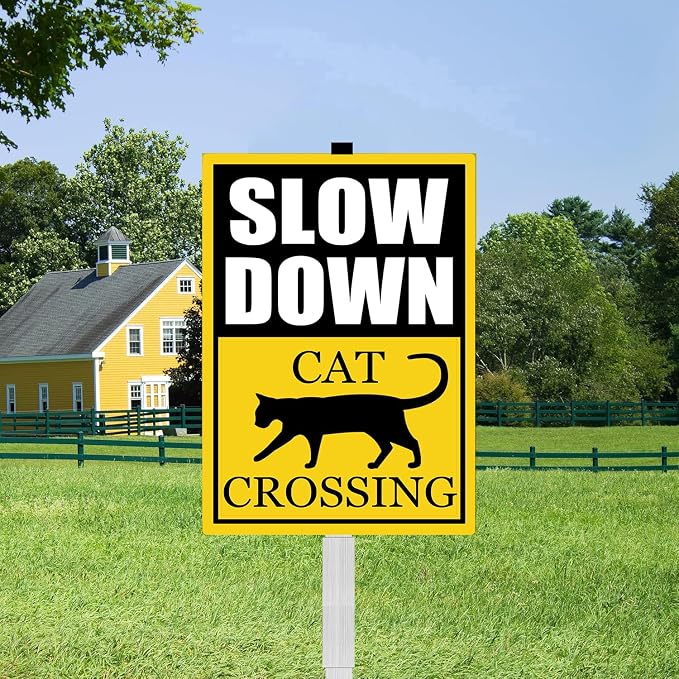 Cat Crossing Slow Down Yard Signs with Stake Safety Sign for Street Rustproof Reflective Aluminum Caution Drive Slowly Watch for Cat Sign Garden Animal Sign for Neighborhoods