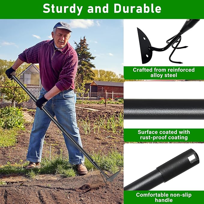 2-in-1 Garden Hoe & Cultivator Tool – Heavy Duty 3-Tine Claw Rake with Adjustable Long Handle (52”-75”), Effortless Weeding, Soil Loosening & Planting, Ideal for Garden Beds, Yard & Backyard