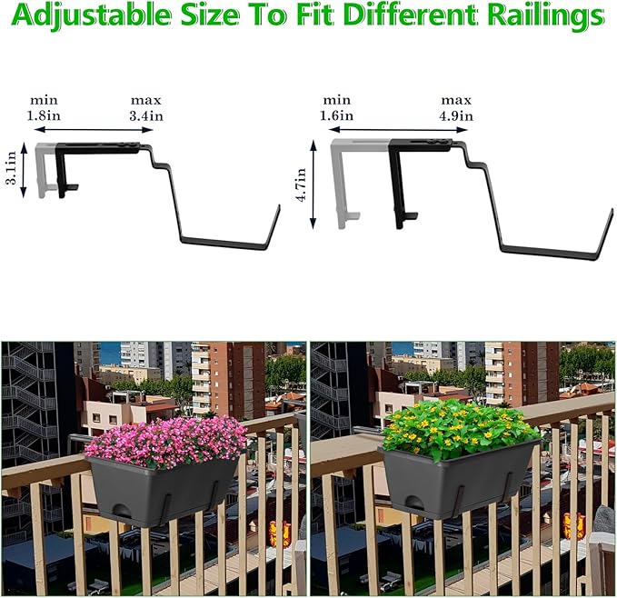 OYEAL Deck Railing Planter Boxes Set of 2 Over Fence Planters for Outdoor Plants, Hanging Window Planter Boxes with Adjustable Brackets, 6 Plastic Flower Boxes, Grey