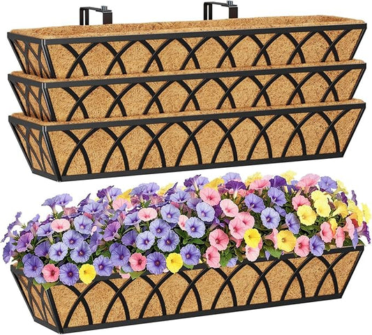 HFHOME 4 Pcs 30" Deck Railing Planter Box with Horse Trough Coco Liners, Black Window Box Hanging Flower Planters Baskets for Indoor, Outdoor, Balcony, Porch, Fence, Patio, and Lawn