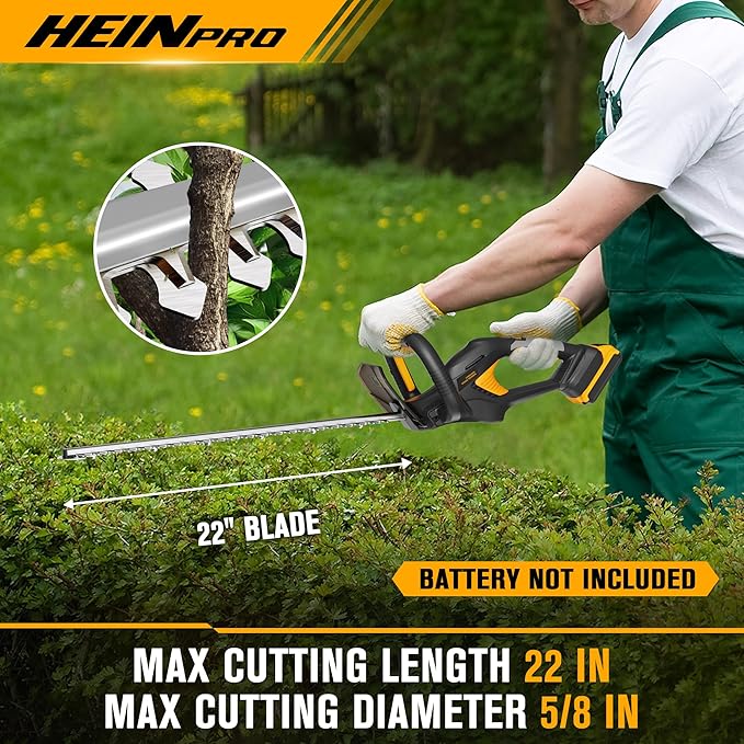 HEINPRO Cordless Hedge Trimmer 22-Inch Compatible with DEWALT 20V MAX Battery, Electric Hedge Trimmer Cordless, Bush Trimmers for Garden, Battery Powered Hedge Trimmers, Black (Tool Only)