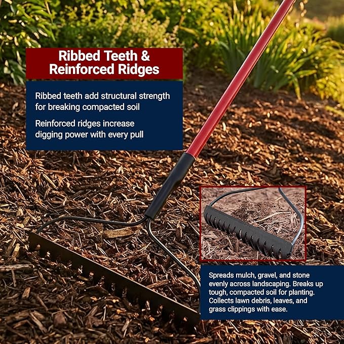 Bully Tools Bow Rake 16" Tines | Heavy Duty Steel Garden Rake for Leaves Lawn Debris Mulch Soil and Gravel | 58" Fiberglass Handle Leaf Rake, 100% Made in USA