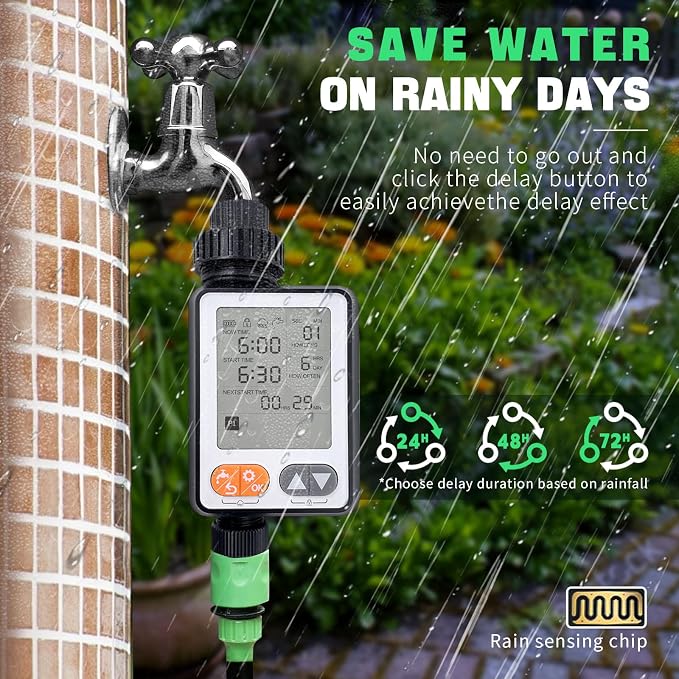 Water Timer for Garden Hose with Auto Rain Delay, 10 Programmable Sprinkler Timer with 3.3“ Large LCD IP54 Waterproof Drip Irrigation Watering Timers for Plant, Yard, Lawns, Outdoor