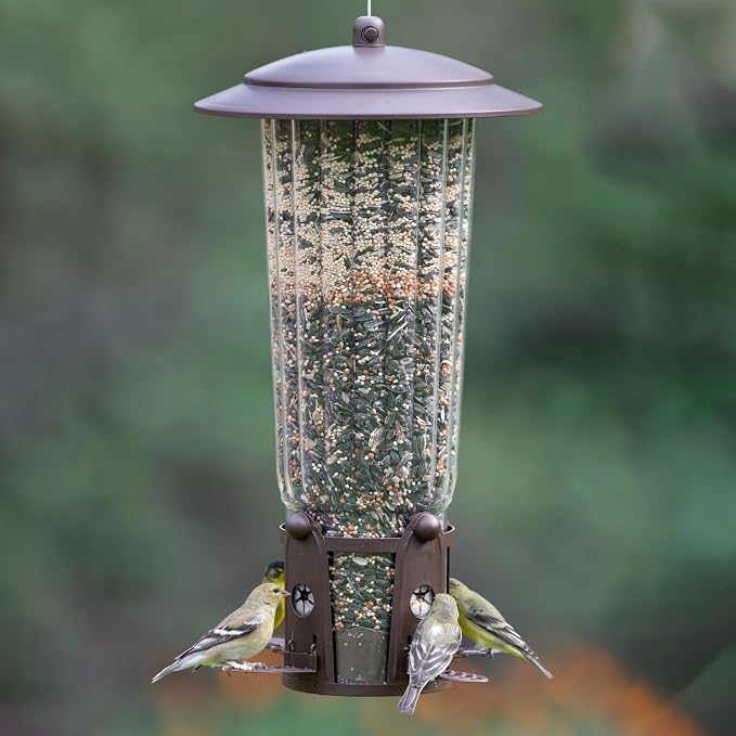 Perky-Pet Squirrel-Be-Gone Max Bird Feeder with (4) Flexport Feeding Stations - Squirrel-Proof Metal Hanging Feeder for Outdoors, Weight-Activated Ladder-Style Perches, 4lb Seed Capacity, 334-1SR