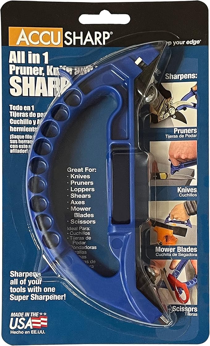 AccuSharp All-in-One Sharpener, All Purpose Sharpener for Knives, Scissors, Garden Tools, Sharpens & Restores Serrated Knives, Cleavers, Axes, Machete, Blue