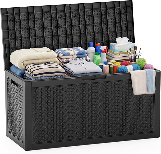 EasyUp 110 Gallon Deck Boxes Outdoor Waterproof, Resin Outside Storage Box for Patio Cushion Furniture Pool Accessories Garden Tools Indoor Outdoor Storage Bench (110 Gallon, Black)