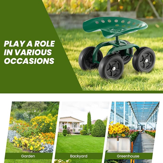 Garden Cart with Seat, Heavy-Duty Rolling Outdoor Wagon Scooter w/Height Adjustable & 360° Swivel Seat, Gardening Work Seat Stool, Patio Scooter on Wheels for Lawn Yard Planting (Green)