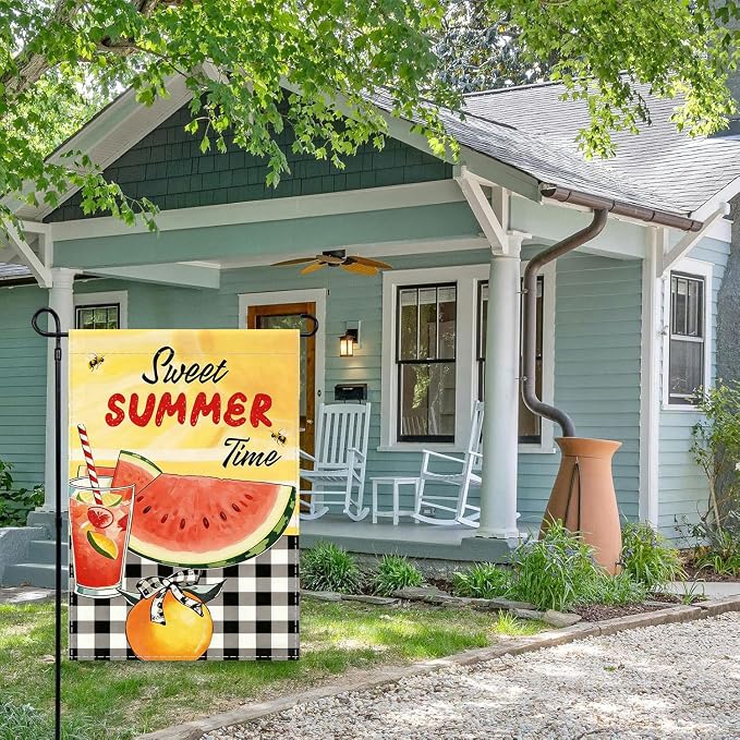 Sweet Summer Time Garden Flag, Buffalo Plaid Check Lemon House Yard Watermelon Bee Lemonade Outside Decoration, Seasonal Farmhouse Outdoor Small Burlap Decor Double Sided 12x18 Farmhouse Outdoor Yard Decoration
