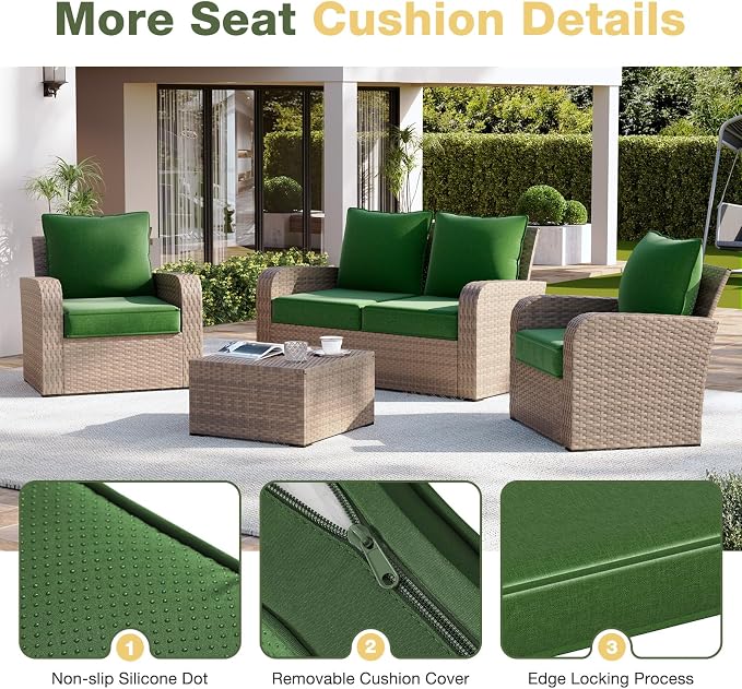 Aoxun Replacement Cushions for Outdoor Furniture, 4-Piece Outdoor Cushions for Patio Furniture, Deep Seat, Waterproof & Fade Resistant Couch Cushion for 4-Seat Patio Conversation Sets, Dark Green