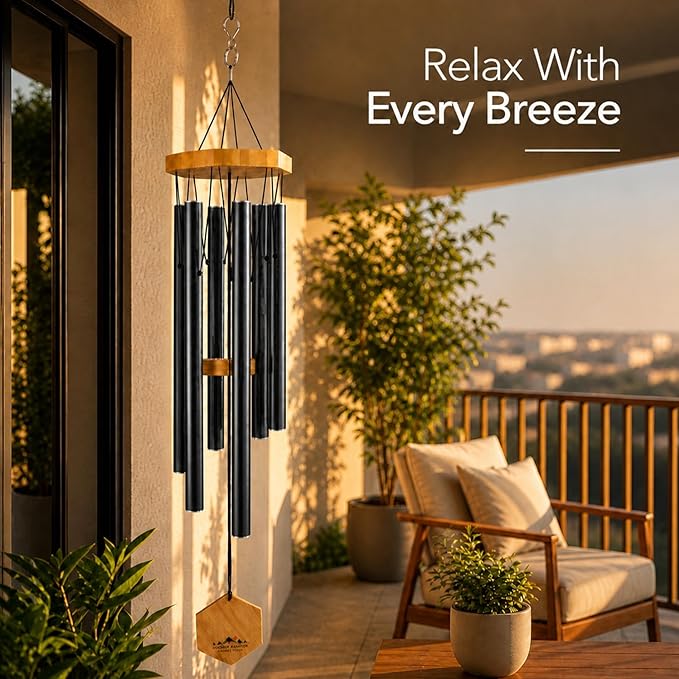 Black Wind Chimes for Outside, 29 Inch Hand Tuned G Major Pentatonic Wind Chime, Memorial Sympathy Gift for Loss of Loved One, Deep Tone Aluminum Bamboo Garden Patio Porch Decor