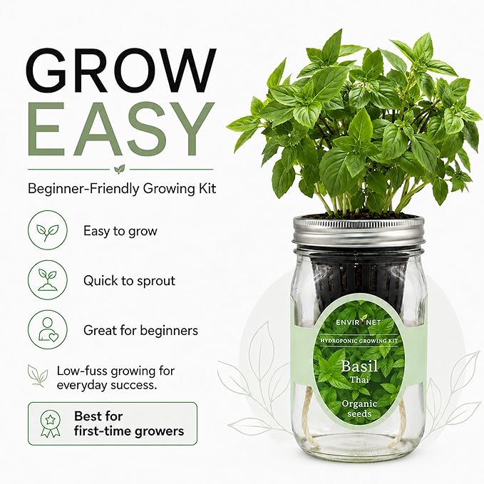 Hydroponic Herb Growing Kit, Self-Watering Mason Jar Herb Garden Starter Kit Indoor, Windowsill Herbs Garden, Grow Your Own Herbs from Organic Seeds (Thai Basil)