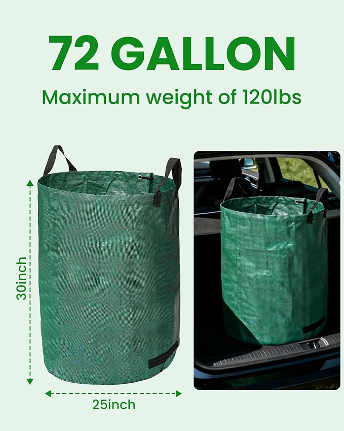 MAZING 3-Pack 72 Gallon Reusable Yard Waste Bags, Heavy Duty Collapsible Garden Leaf Bags with Plastic Ring & Reinforced Handles, Stand-Up Lawn Trash Bags for Debris, Grass Clippings&Camping Recycling