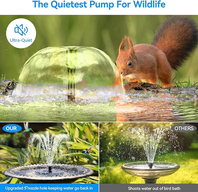 POPOSOAP 8W Solar Fountain Pump with Built-in 3600mAh Battery, Solar Powered Bird Bath Fountain with Dry-run Protection & Double-layer Nozzles 5Ft Tubing for Pond, Bird Bath, Backyard Water Feature