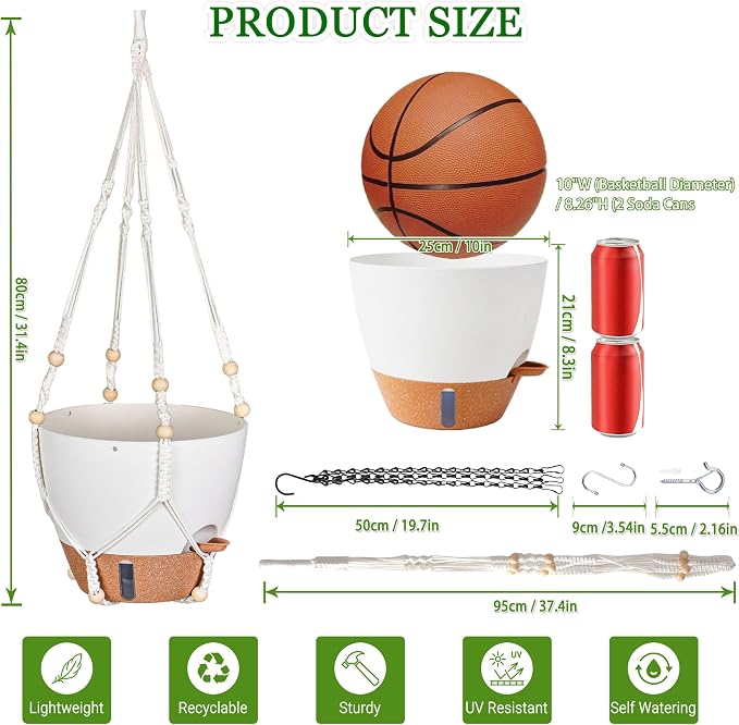 10 Inch Self Watering Hanging Planters, 2 Pack Plastic Flower Pots with Visible Water Window, Drainage Holes, Metal Chain & Macrame Hangers for Indoor & Outdoor Plants, White