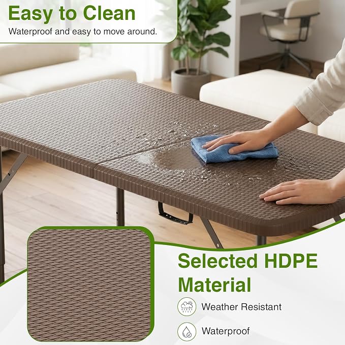 PayLessHere | 4FT Folding Table | Portable Plastic Table with Carry Handle | Waterproof & Foldable Table Design | Steel Frame with Lock | Brown Ratten | for Events, Camping, Indoor & Outdoor Use