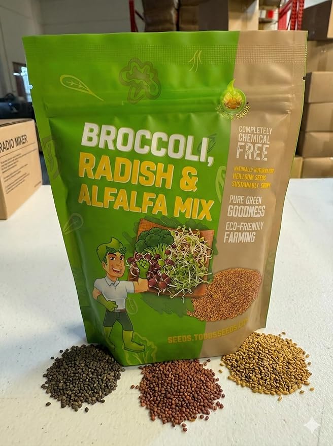 Todd's Seeds Broccoli Radish Alfalfa Sprouting Mix, 1 lb – Non-GMO | 3-seed blend: Broccoli, Radish, and Alfalfa. Chemical free, high germination. Ready in days in a mason jar or Easy Sprouter.