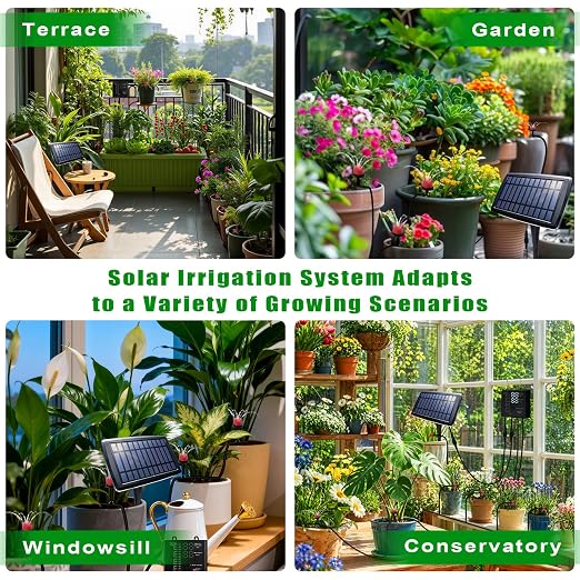 Vacation Plant Waterer, Solar Drip Irrigation System for 15 Pots with Auto Watering While Away on Trip or Business, 49FT Hose, Low Water Buzzer & Split Panel, for Garden Balcony Greenhouse