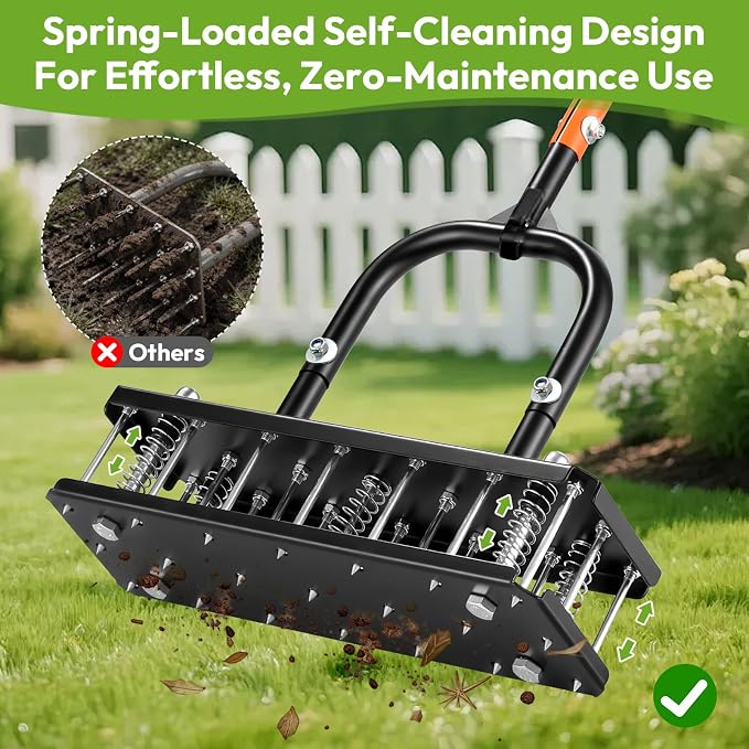 Manual Lawn Aerator Tool, Heavy Duty All Metal with 21 Steel Tines, Spring-Loaded Self-Cleaning for Soil Aeration, Adjustable Height Tool for Garden, Lawn, Yard