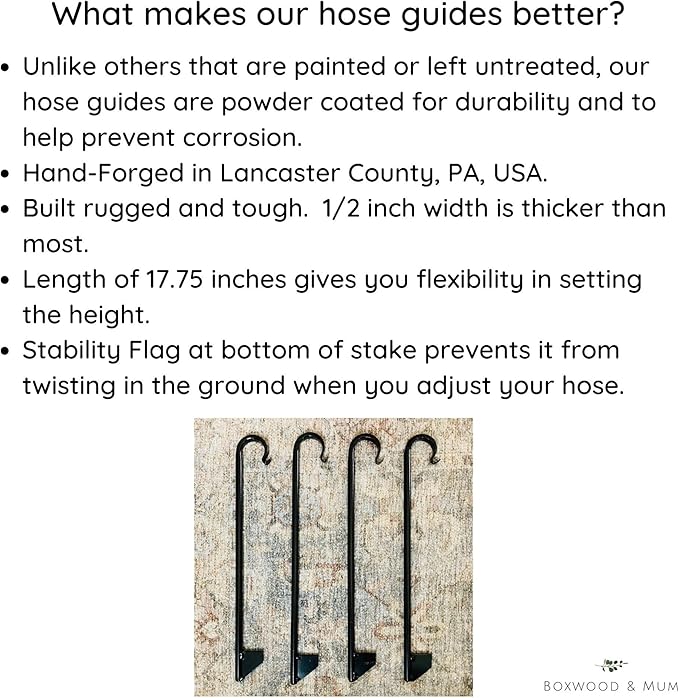 Boxwood & Mum Garden Hose Guide Stakes Heavy Duty – Solid Metal Powder Coated Rust Resistant Hose Guards for Flower Beds, Garden Borders, Landscaping – Amish Handmade Lancaster PA (Set of 4)
