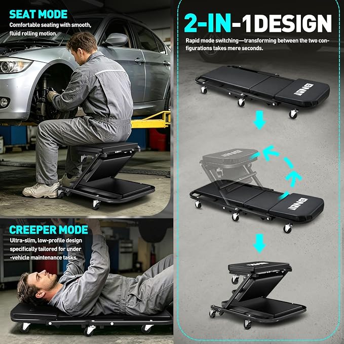 DNA Motoring 40 Inches Folding 2 in 1 Rolling Z Creeper, Adjustable Roller Garage Chair Lay Down or Sit, 6 Pcs 2" Casters, 150kg Weight Capacity, Black, TOOLS-00494