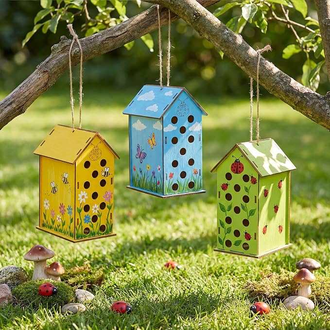 DoubleFill 24 Pack Wood Ladybirds House Painting Crafts Kits My First Ladybugs House DIY Art Craft Kit with Hemp Rope DIY Cedar Wooden Birdhouse for Building Bee Butterfly Habitat, No Paint