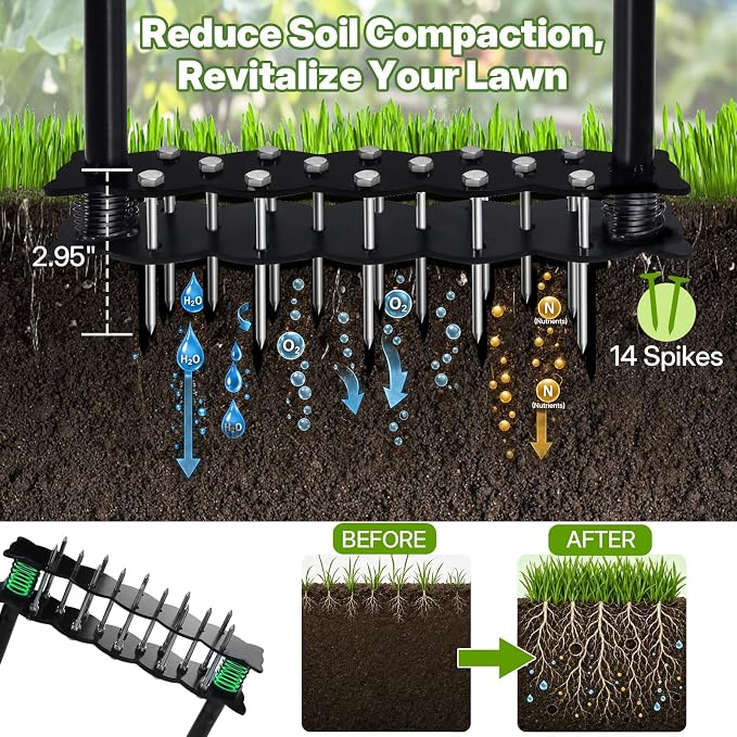 Manual Aerator Lawn Tool, Heavy Duty 35" Lawn Aerator Tool with T-Handle, 14 Spikes Automatic Rebound Aerating Tool, Anti-Clog Aerators Detachable Soil Aeration for Garden Lawn, Yard, Patio and Grass