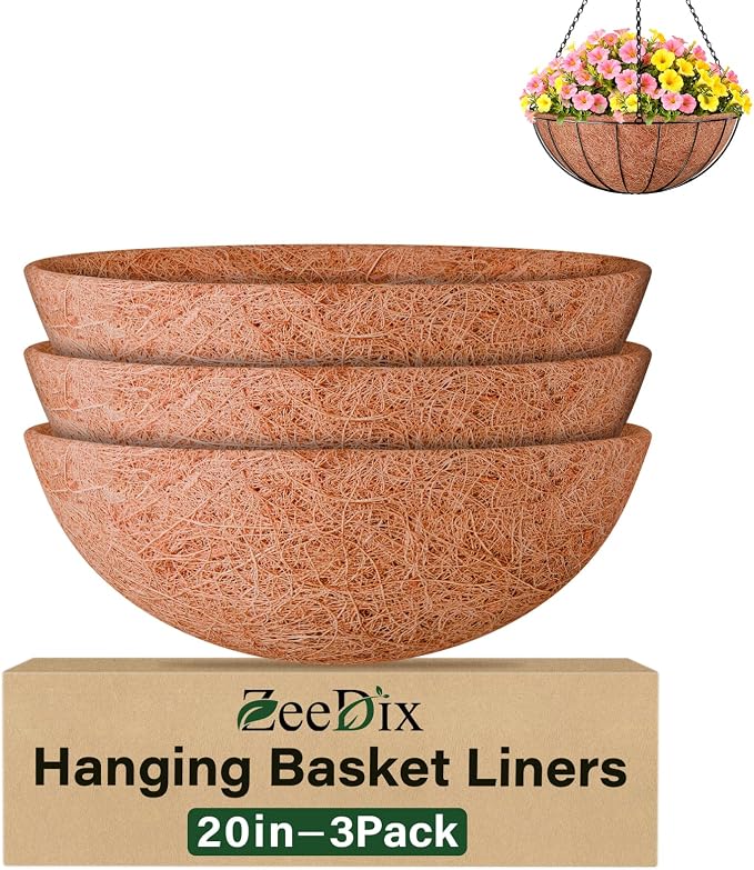 ZeeDix 3 Pack 20 Inch Coconut Liners for Planters, Round Hanging Basket Liners Natural Coco Coir Replacement Liner for Flowers Vegetables Patio Porch Garden Decor