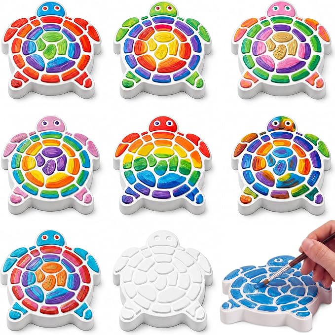 Lewtemi 8 Pcs Paint Your Own Stepping Stones for Craft, DIY Plaster Stepping Stones Garden Decor Painting Art Set for Art Class, Summer Activities & Home Decor (Turtle)