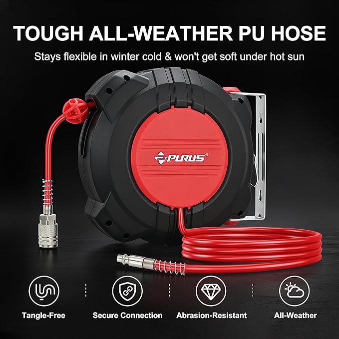 PURUS Retractable Air Hose Reel, 1/4" x 32ft, 180° Swivel Wall/Ceiling Mount, Auto Rewind, Hybrid Hose Max 145 PSI Pressure Air Compressor Hose Reel Quick Coupler for Workshop & Garage