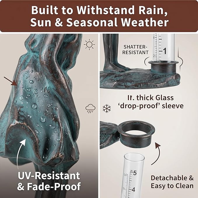 Topadorn Rain Gauge Stake Outdoor, Decorative Girl Garden Statue with 5 Inch Clear Rainfall Tube, Weather Resistant Resin Rain Gauge for Yard, Lawn and Flower Beds