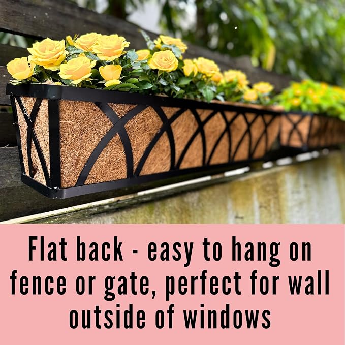 LaLaGreen Wall Planters (4 Pack, 36 Inch) Black Metal Rectangular Hanging Flower Box Window Boxes Planters with Coco Liner Rustic Flower Basket Plant Holder Deck Rail Railing Patio Large Balcony Fence