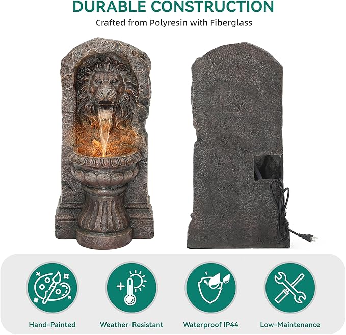 30" Lion Head Outdoor Water Fountain, Handcrafted Antique Stone Sculpture Garden Fountain, Warm LED-Lit Cascading Waterfall, Relaxing Fountains for Outside Garden Patio Yard Deck Floor Decor